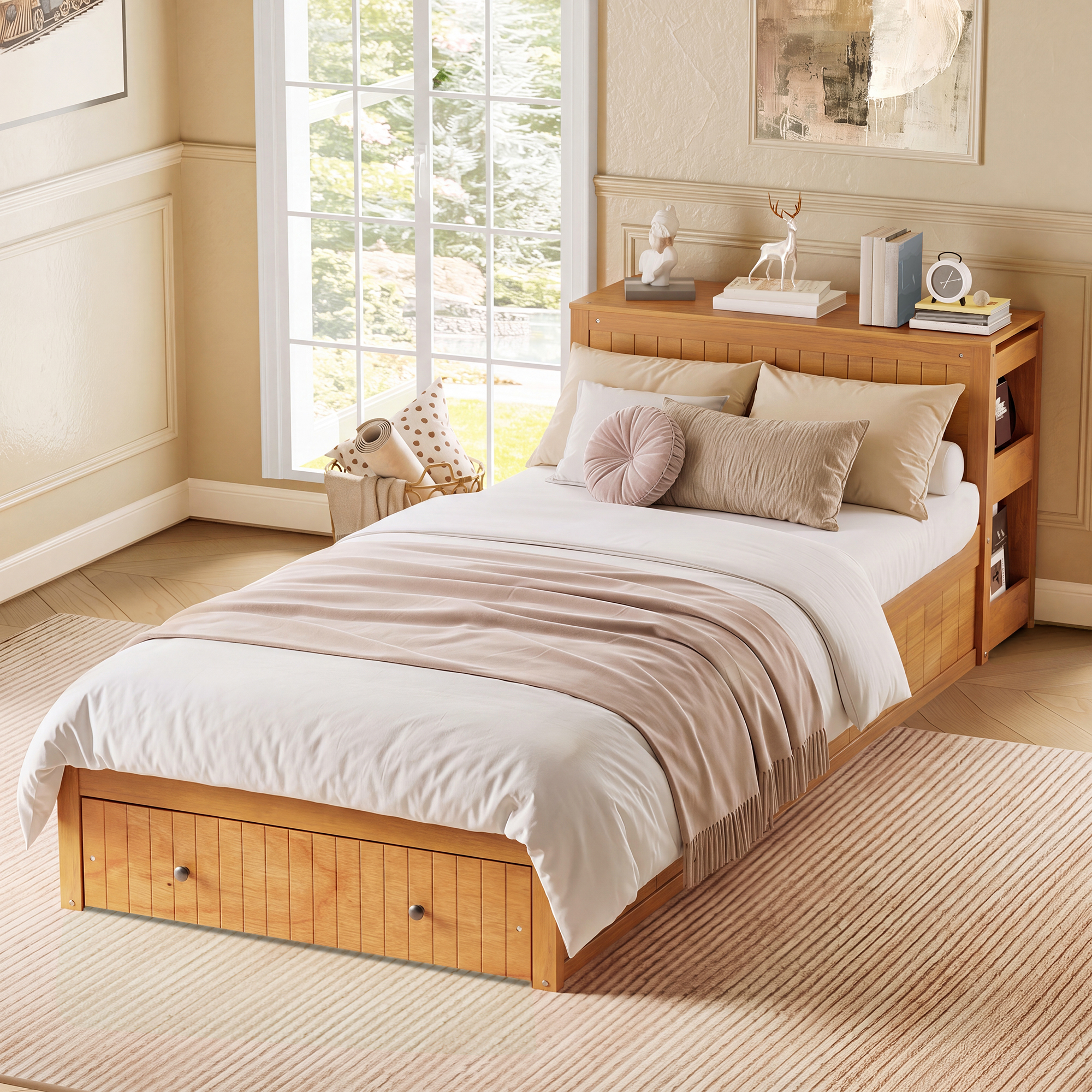 Twin Wood Bed Frame with wide Headboard, Footboard Drawers & Side Shelves