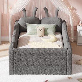 Upholstered Twin Size Platform Bed with Rabbit Cushion
