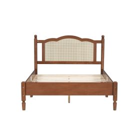 Full Size Wooden Platform Bed with Natural Rattan Headboard