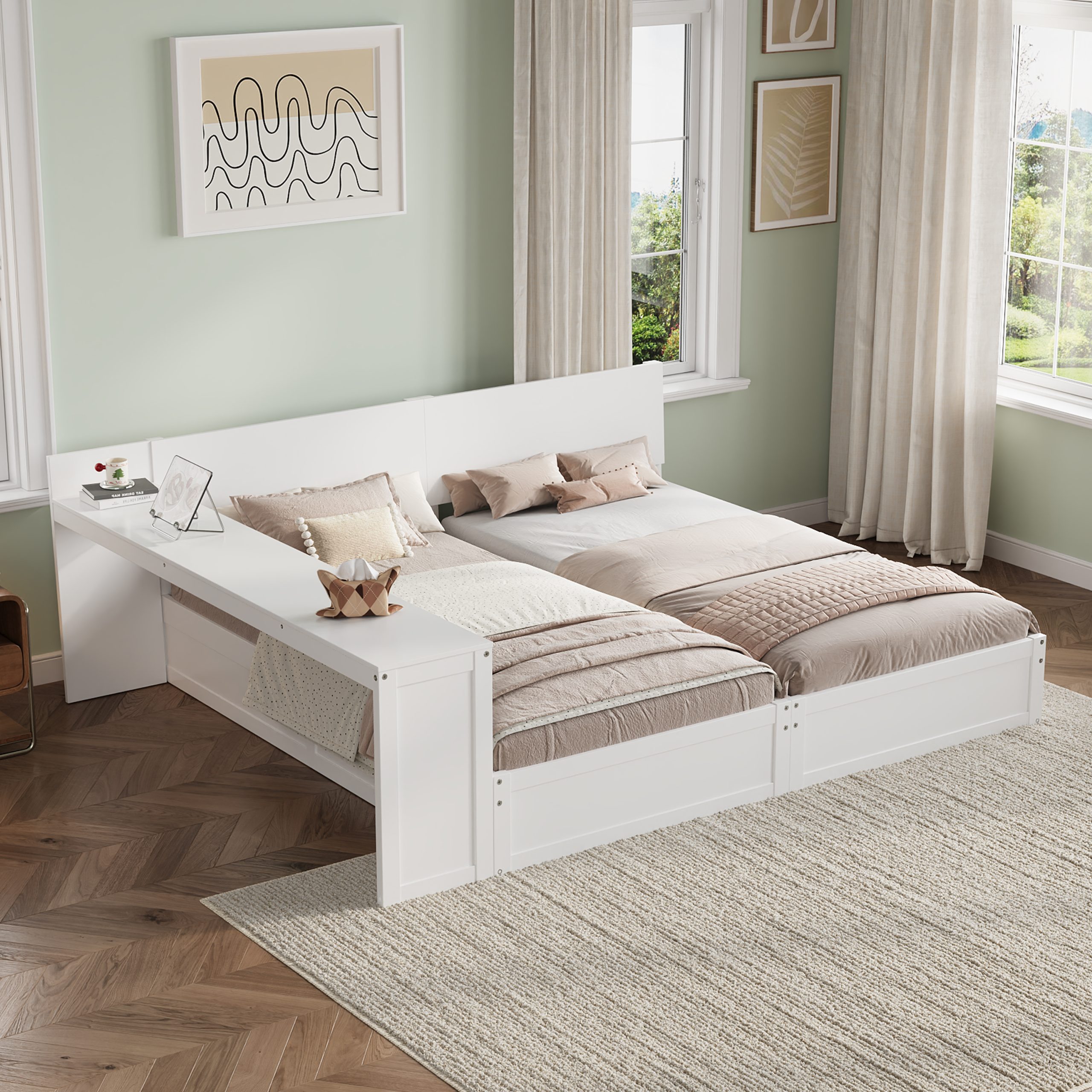 Twin Platform Bed Frame Set with Adjustable Storage Desk