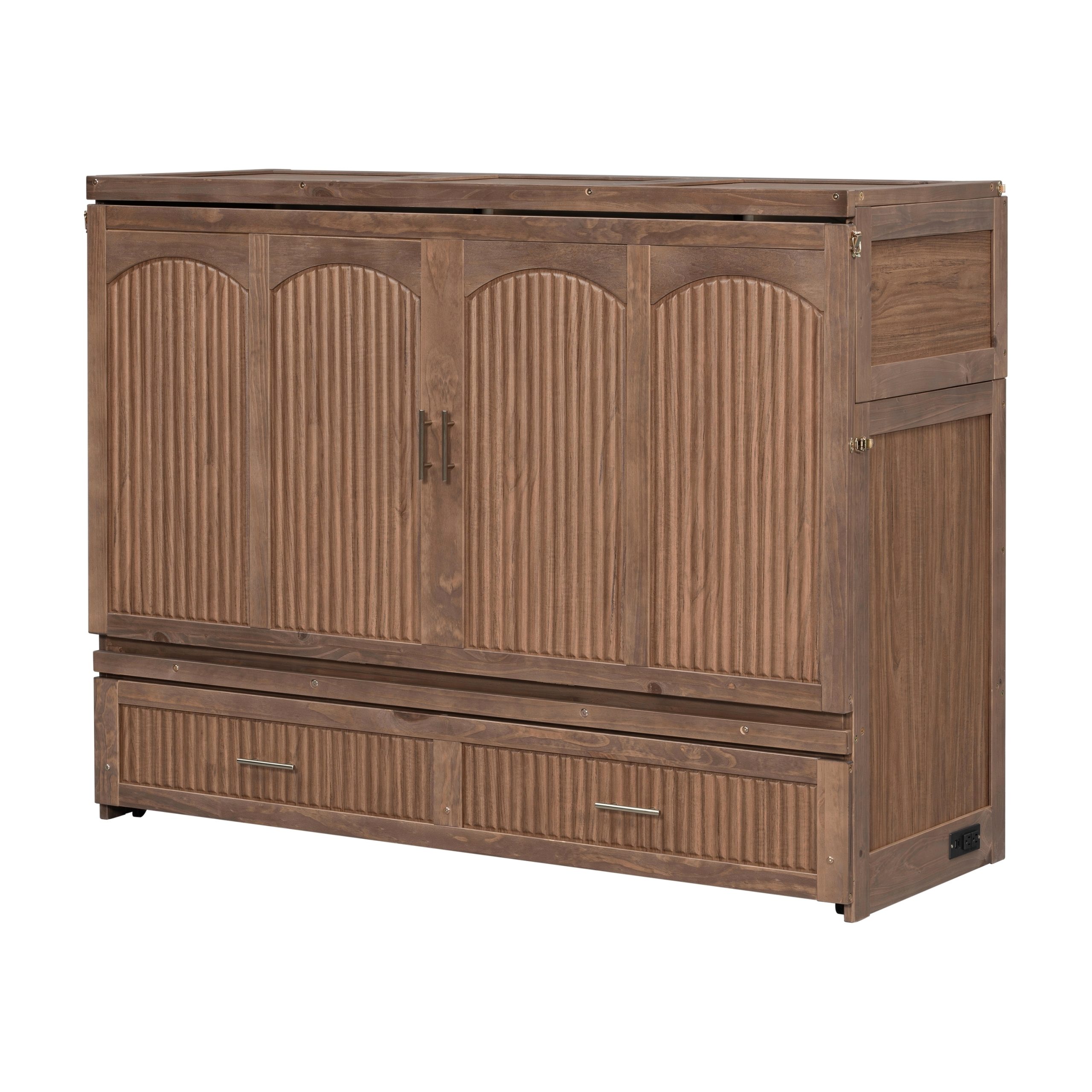Pine Wood Cabinet Bed with Charging Station and Ripple Decoration Panels