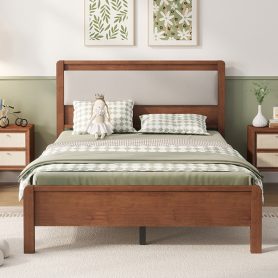 Full Size Solid Rubber Wooden Bed With Upholstered Headboard