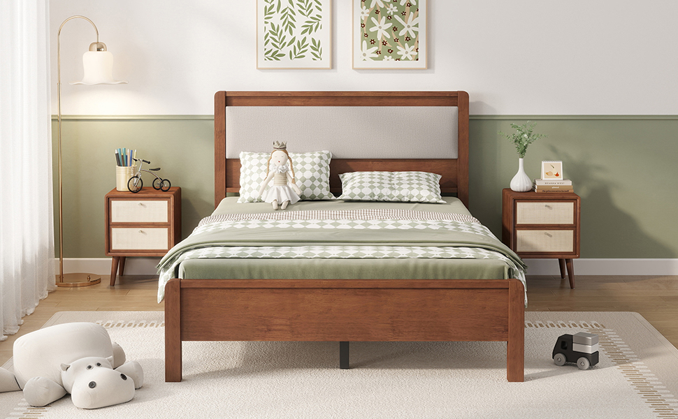 Full Size Solid Rubber Wooden Bed With Upholstered Headboard