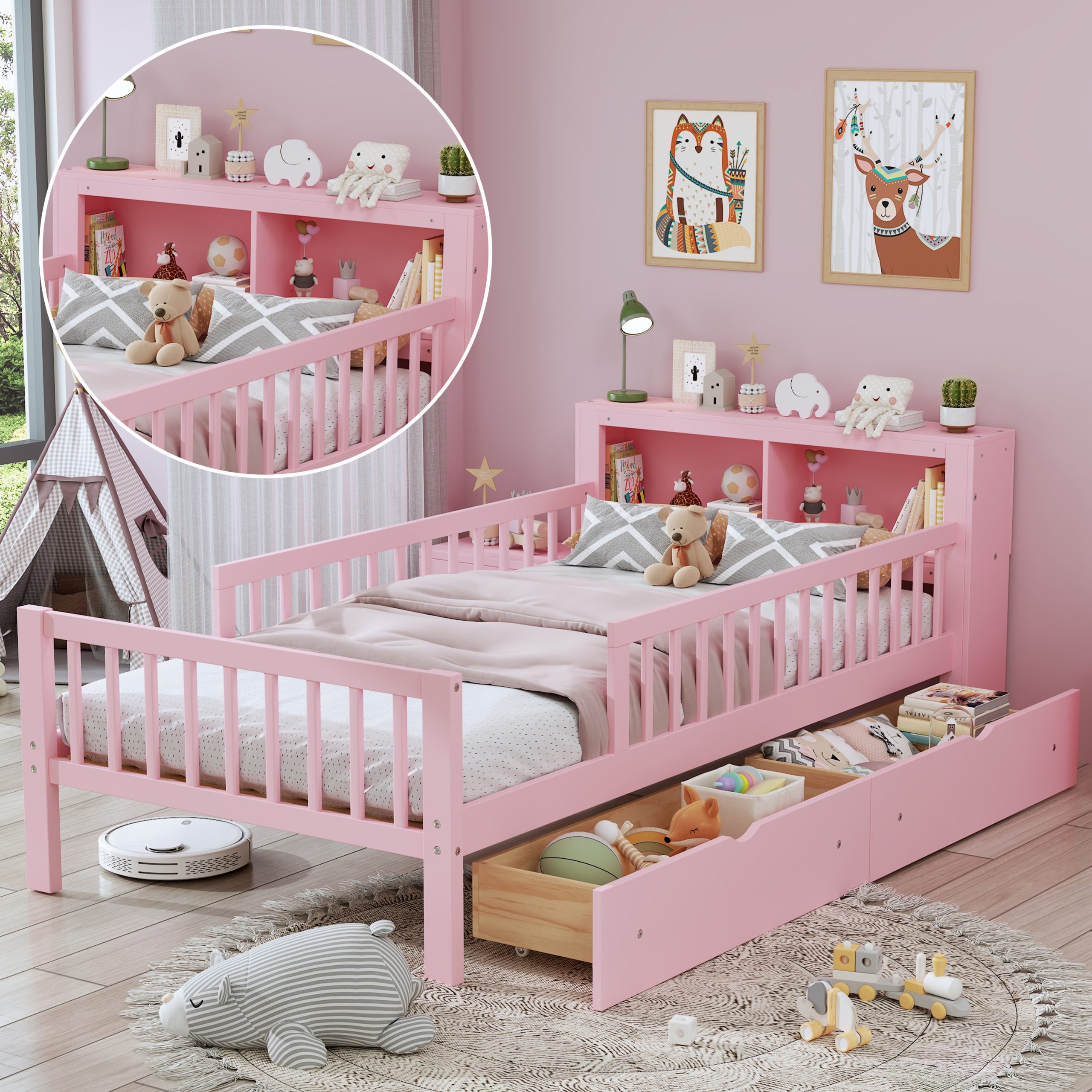 Twin Size Bed with Headboard Storage Rack, Two Under-Bed Drawers, Three-Side Guardrails for Safety and Securit