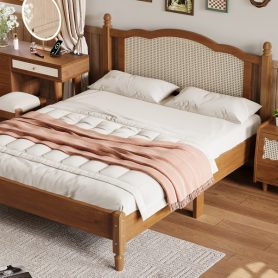 Queen Size Wooden Platform Bed with Natural Rattan Headboard
