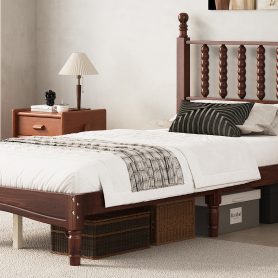 Retro Style Twin Size Wood Platform Bed With Gourd Shaped Headboard