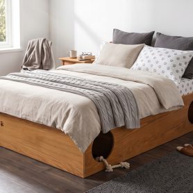 Queen Wood Platform Bed with Removable Headboard, Under-Bed Pet Maze & Private Space, Decorative Footboard, Detachable Slats