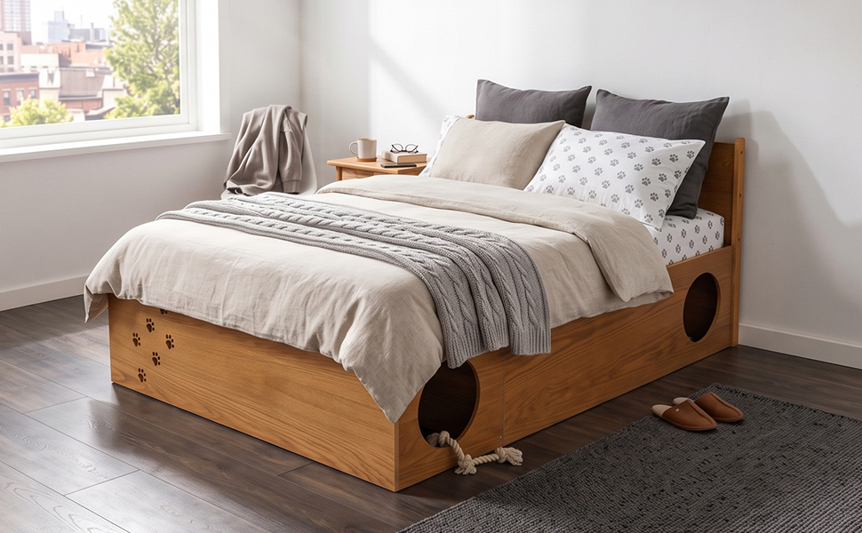 Queen Wood Platform Bed with Removable Headboard, Under-Bed Pet Maze & Private Space, Decorative Footboard, Detachable Slats