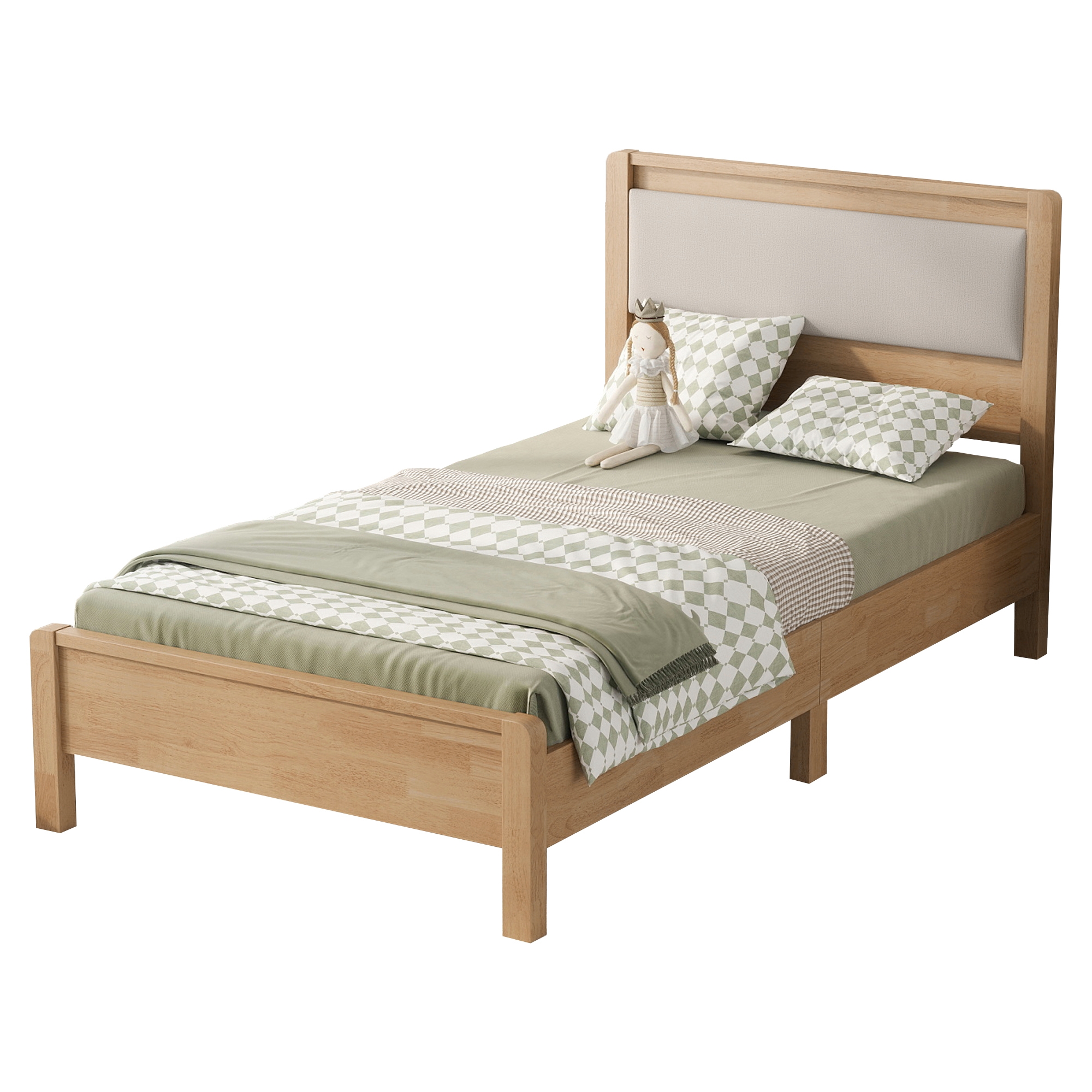 Twin Xl Size Solid Rubber Wooden Bed With Upholstered Headboard