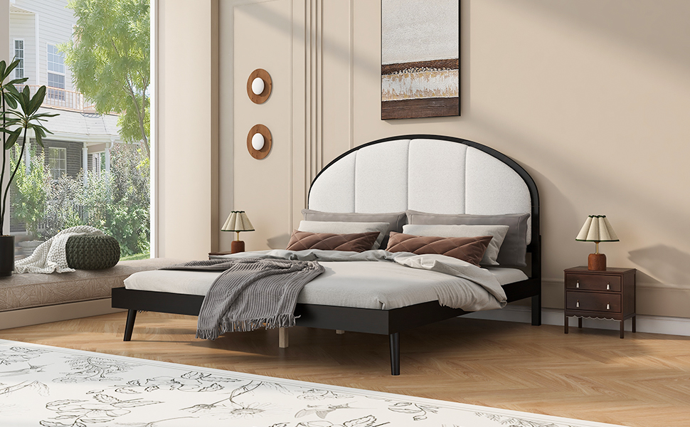Queen Size Upholstered Platform Bed Frame With Linen Headboard