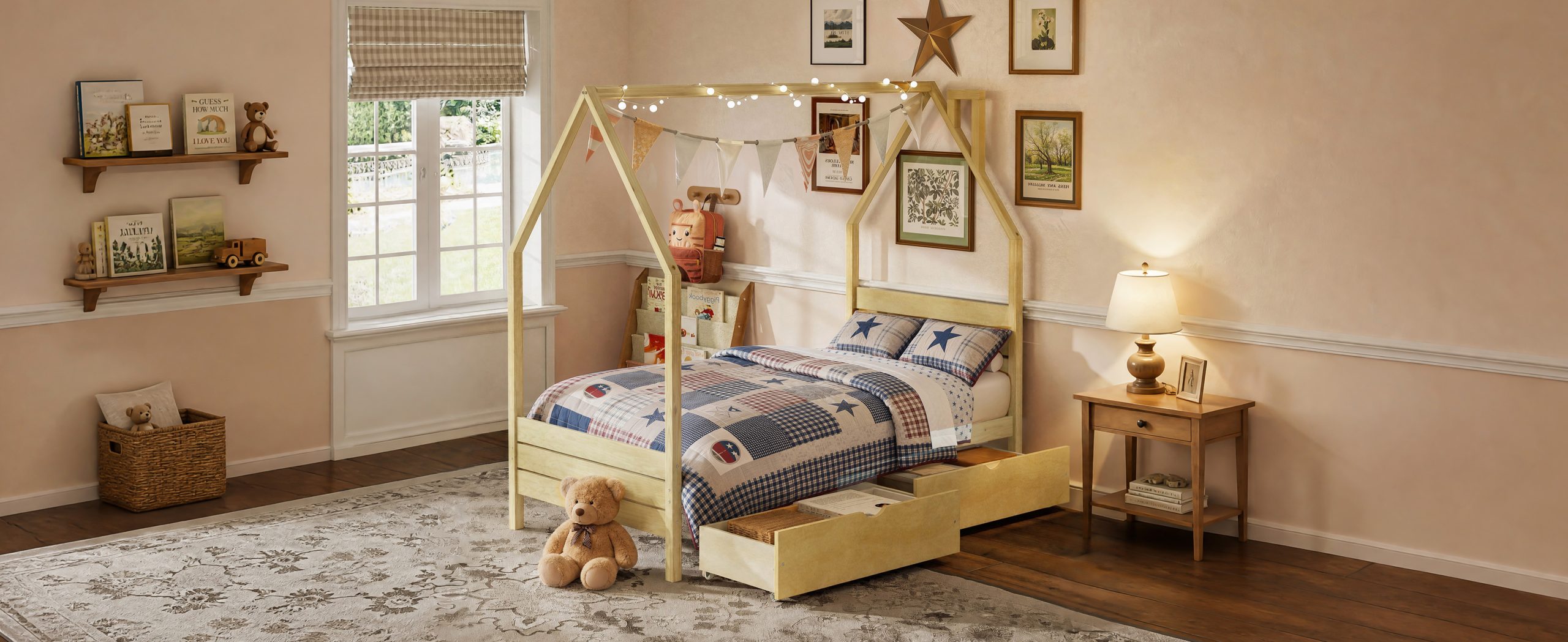 Wood House Shape Twin Montessori Bed with 2 Storage Drawers