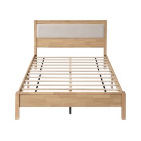 Queen Size Solid Rubber Wooden Bed With Upholstered Headboard