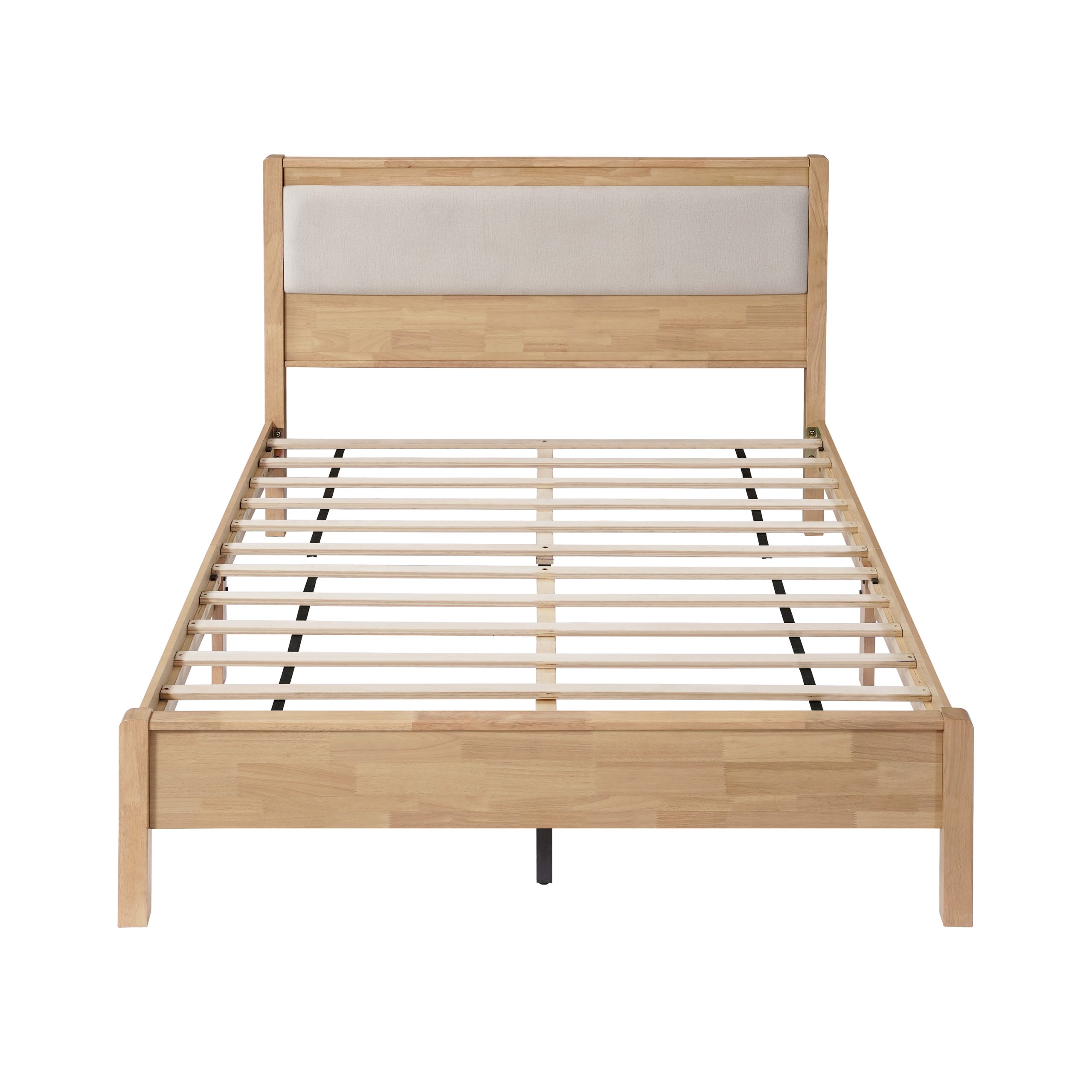 Queen Size Solid Rubber Wooden Bed With Upholstered Headboard