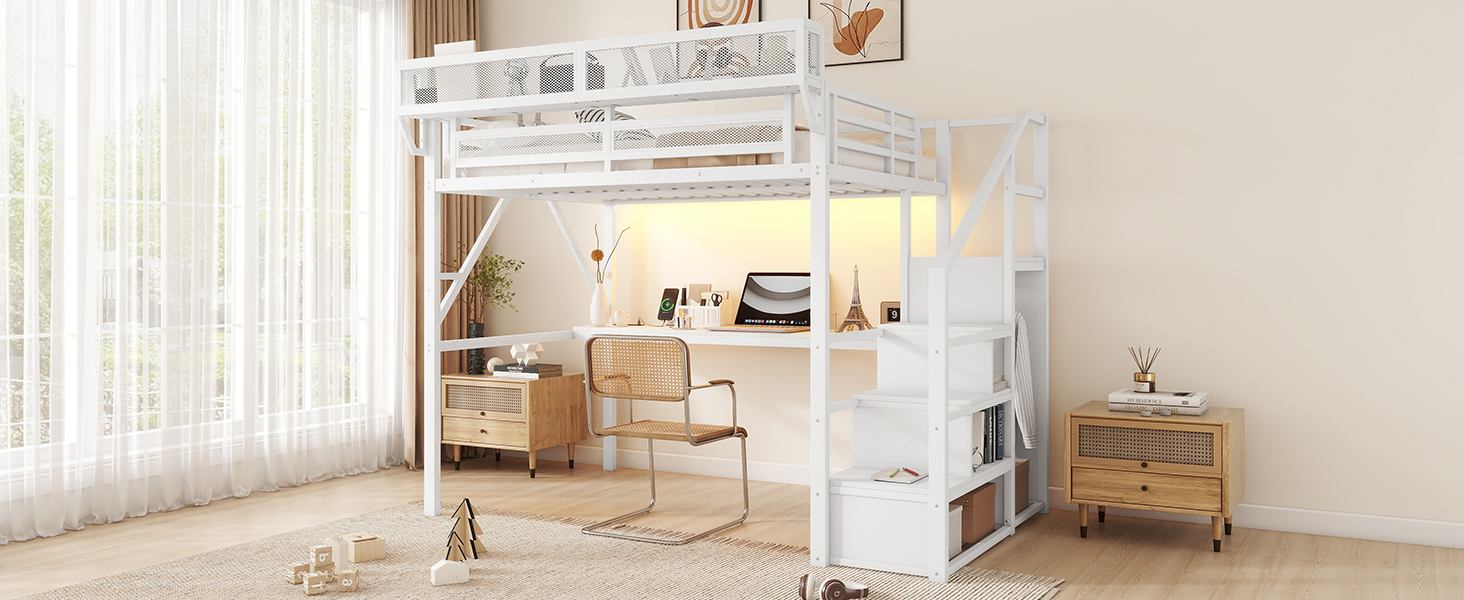 Metal Full Loft Bed With Desk, Charging Station, Stairs And Light