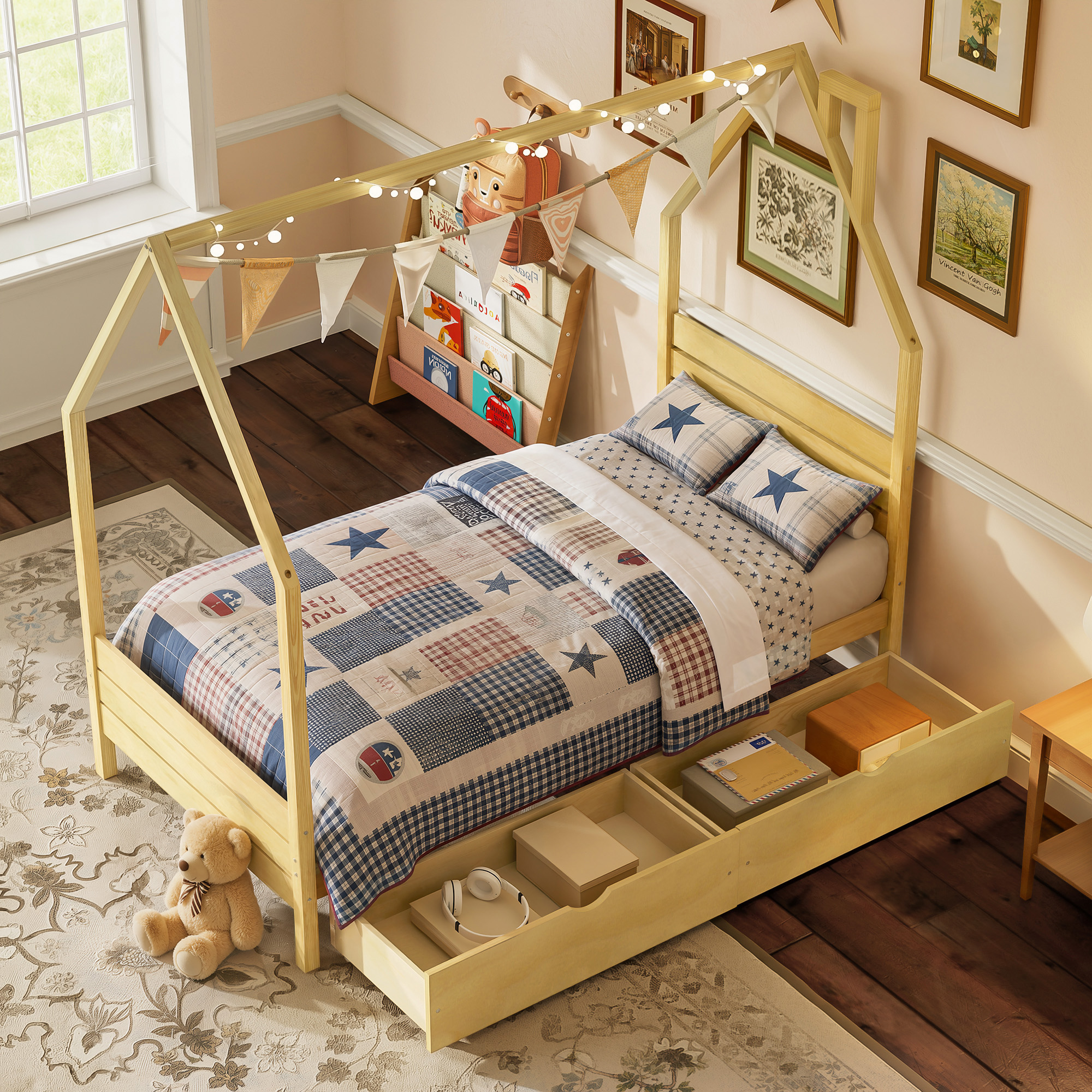 Wood House Shape Twin Montessori Bed with 2 Storage Drawers