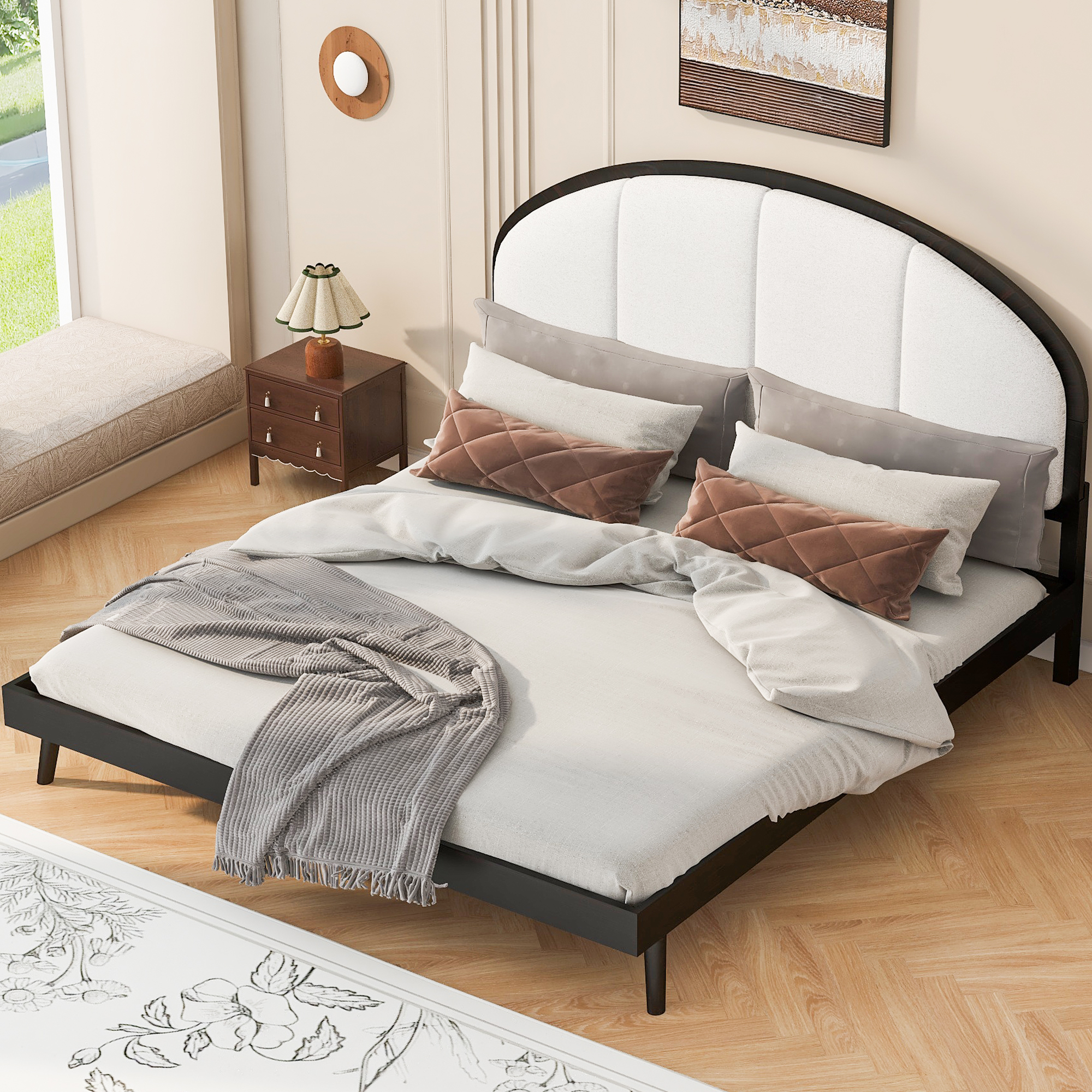 Queen Size Upholstered Platform Bed Frame With Linen Headboard