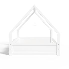 Full Size House Floor Wooden Bed with House Roof Frame, Fence Guardrails & Grooved Panel Design