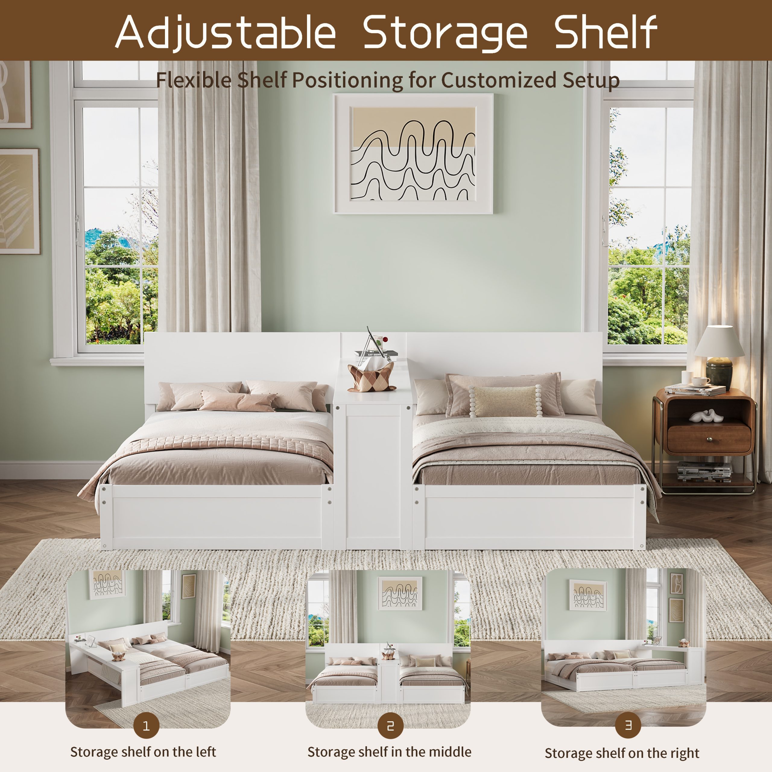 Twin Platform Bed Frame Set with Adjustable Storage Desk