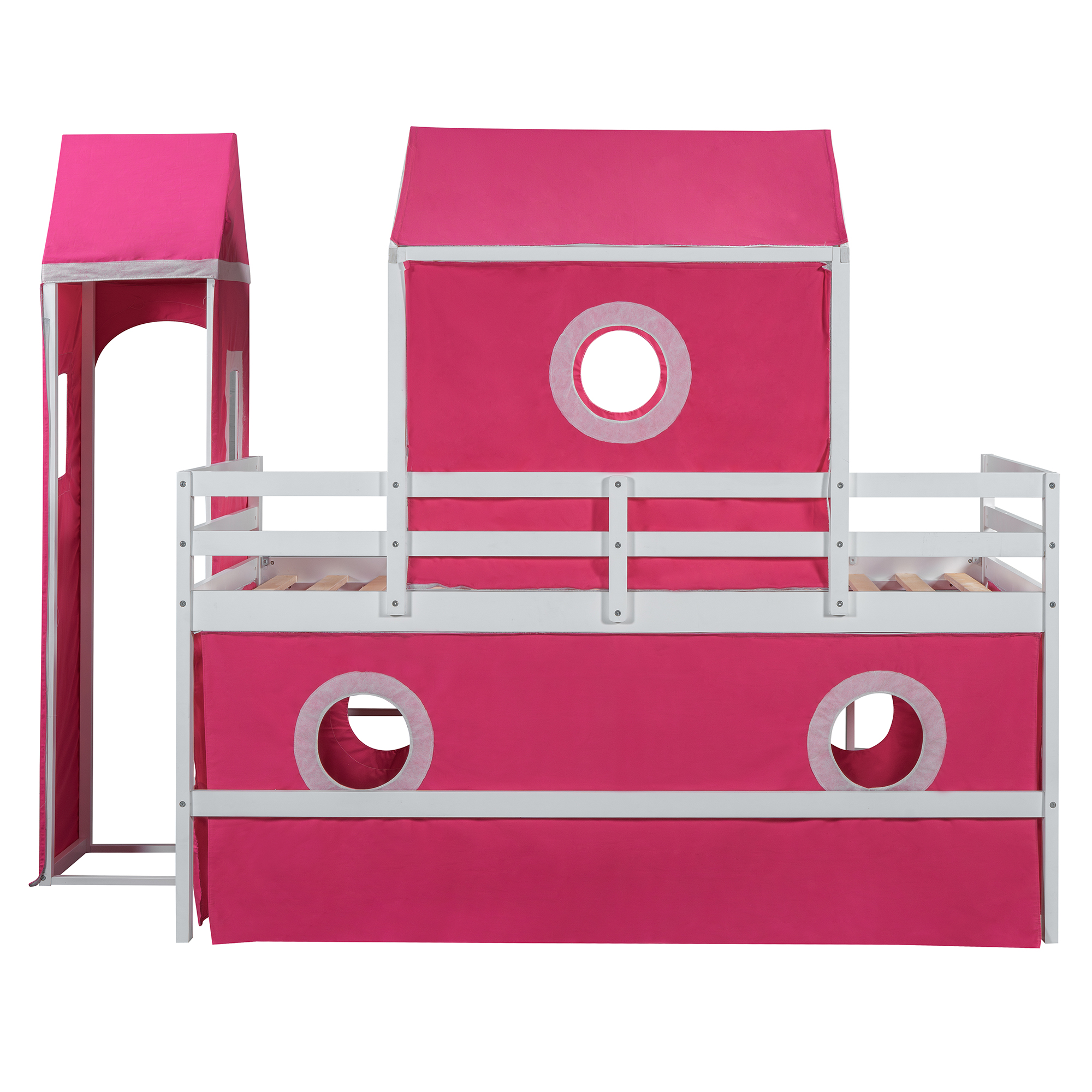 Solid Wood Twin Size Loft Bed With Slide Pink Tent And Tower