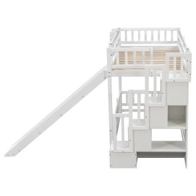 Twin Over Twin Bunk Bed With Slide, Storage Staircase, Bedside Storage Rack, LED Lights