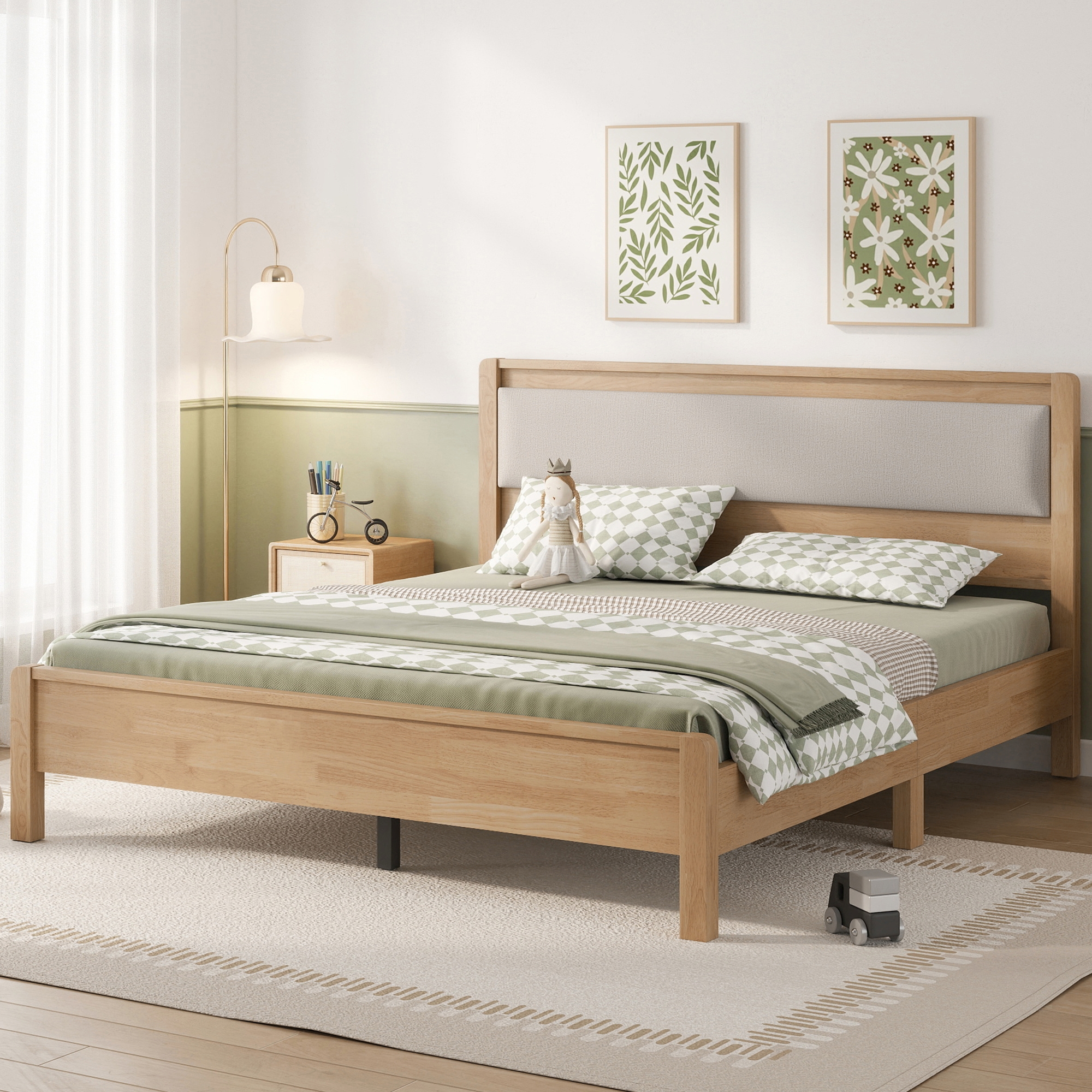 Queen Size Solid Rubber Wooden Bed With Upholstered Headboard