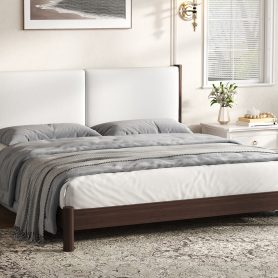 Wooden Platform Bed with PU Leather Headboard, King Size