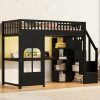 Twin Size Loft Bed with Storage Staircase, LED, USB, Decorative Window Panel & Built-in Open Shelves