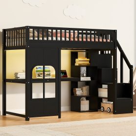 Twin Size Loft Bed with Storage Staircase, LED, USB, Decorative Window Panel & Built-in Open Shelves