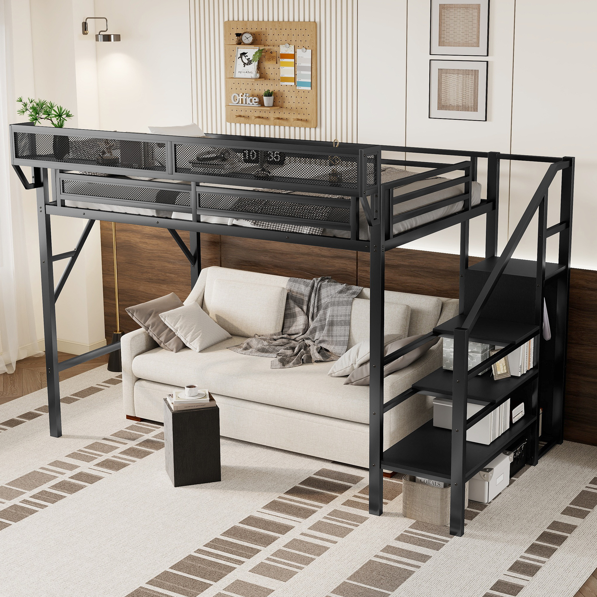 Metal Twin Xl Size Loft Bed With Stairs, Storage Shelves and Wardrobe