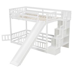 Twin Over Twin Bunk Bed With Slide, Storage Staircase, Bedside Storage Rack, LED Lights