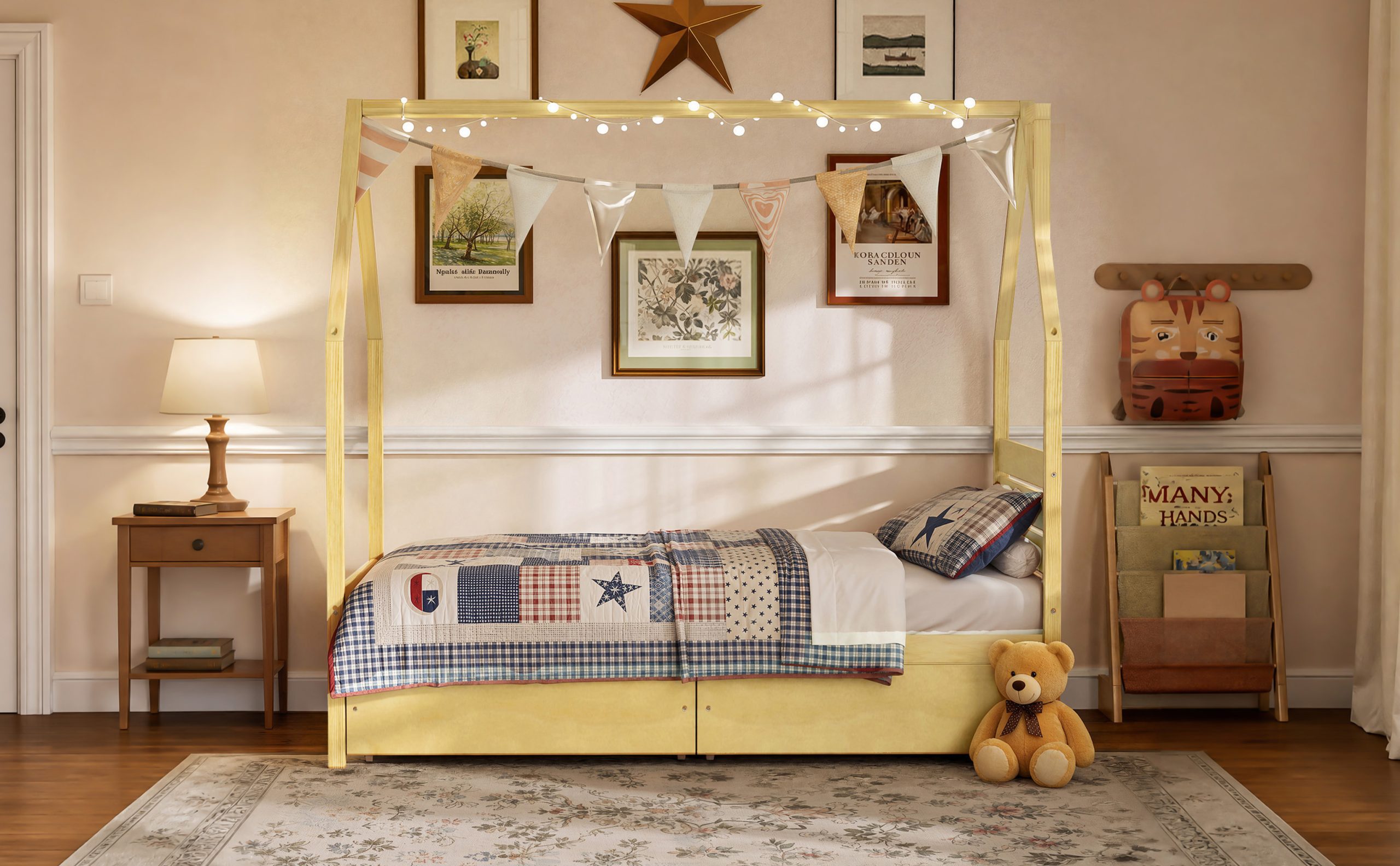 Wood House Shape Twin Montessori Bed with 2 Storage Drawers