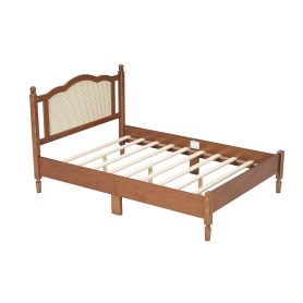 Full Size Wooden Platform Bed with Natural Rattan Headboard