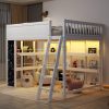 Queen Size Wood Loft Bed with LED Light, Chalkboard Panel and Book Shelves