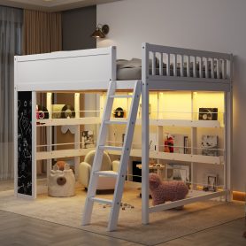 Queen Size Wood Loft Bed with LED Light, Chalkboard Panel and Book Shelves