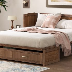 Pine Wood Cabinet Bed with Charging Station and Ripple Decoration Panels