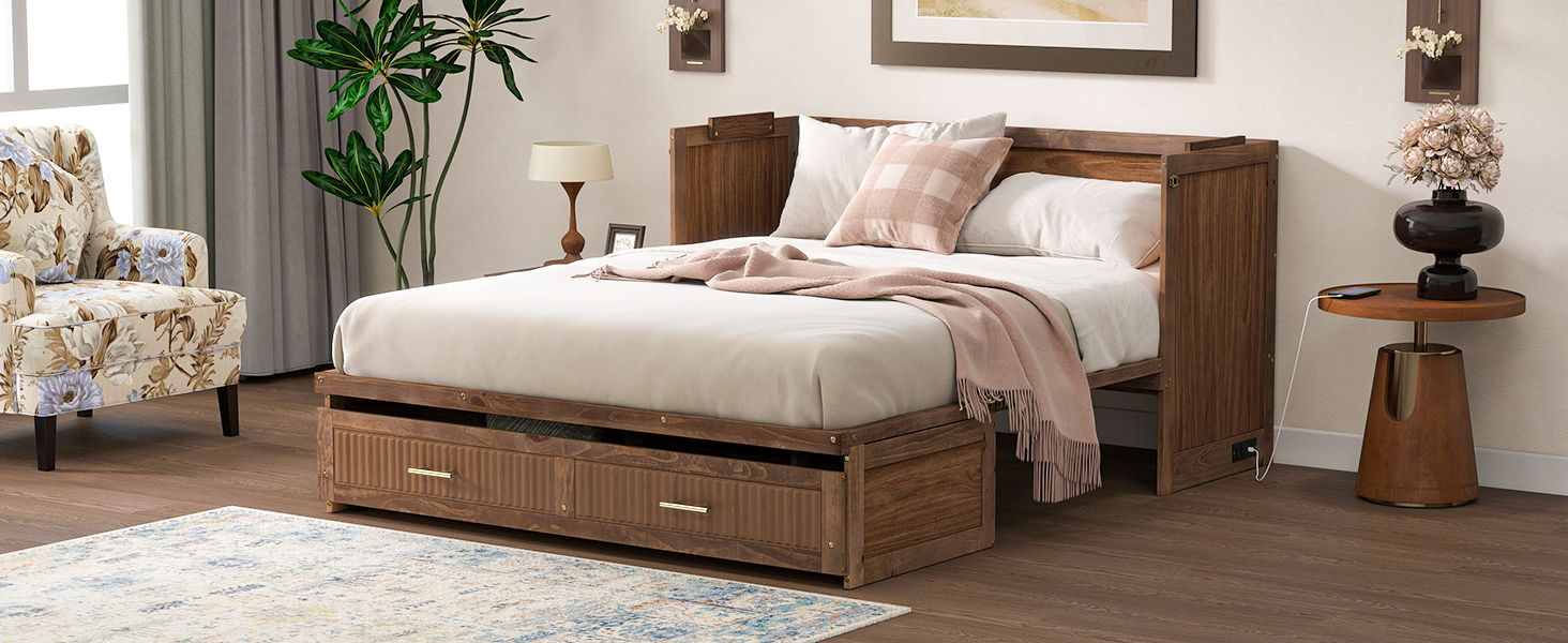Pine Wood Cabinet Bed with Charging Station and Ripple Decoration Panels