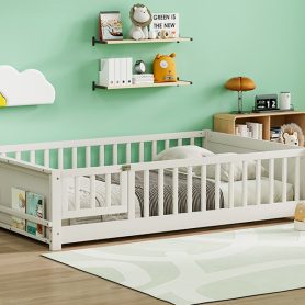 Full Size Rubber Wood Floor Bed with Guardrails, Built-in Book Rack, Door