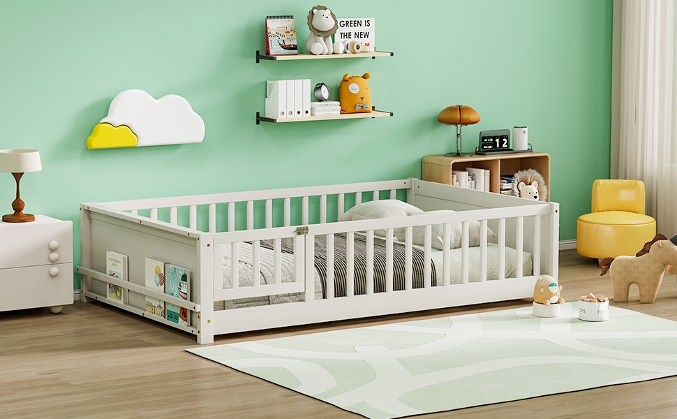 Full Size Rubber Wood Floor Bed with Guardrails, Built-in Book Rack, Door