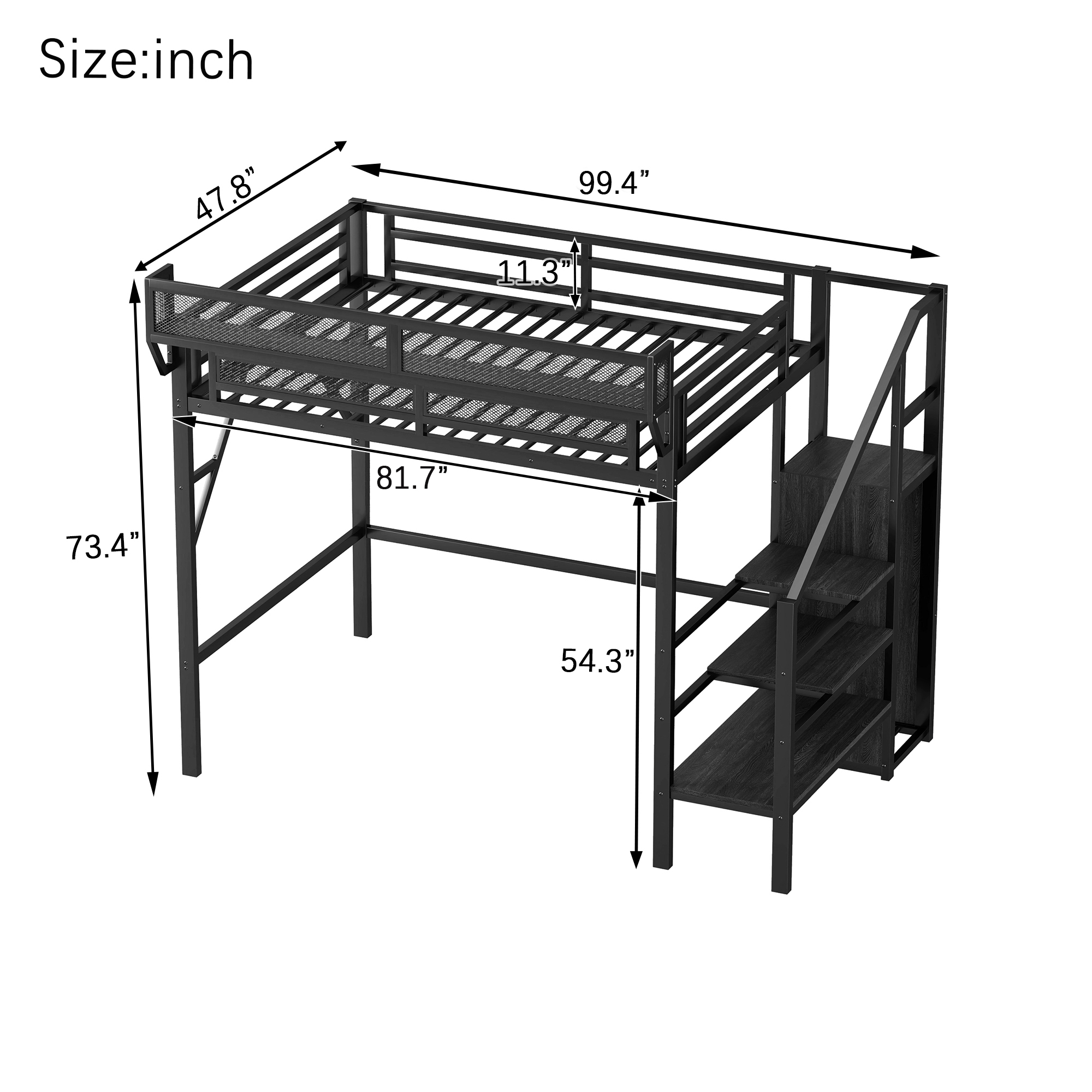 Metal Twin Xl Size Loft Bed With Stairs, Storage Shelves and Wardrobe