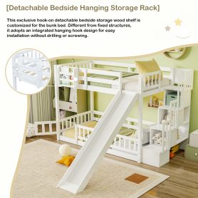 Twin Over Twin Bunk Bed With Slide, Storage Staircase, Bedside Storage Rack, LED Lights