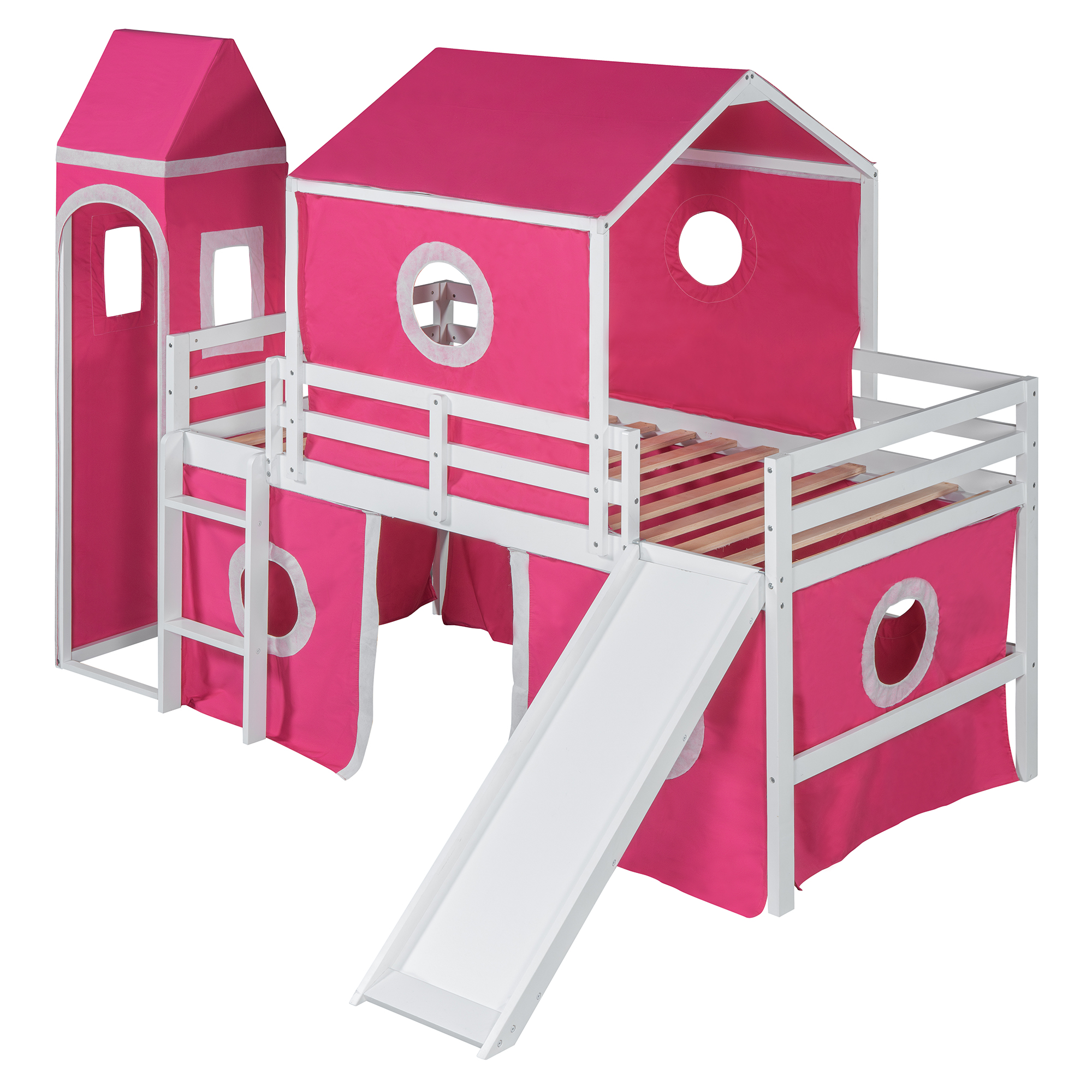 Solid Wood Twin Size Loft Bed With Slide Pink Tent And Tower