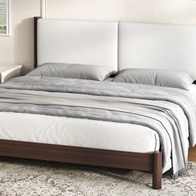 Wooden Platform Bed with PU Leather Headboard, King Size