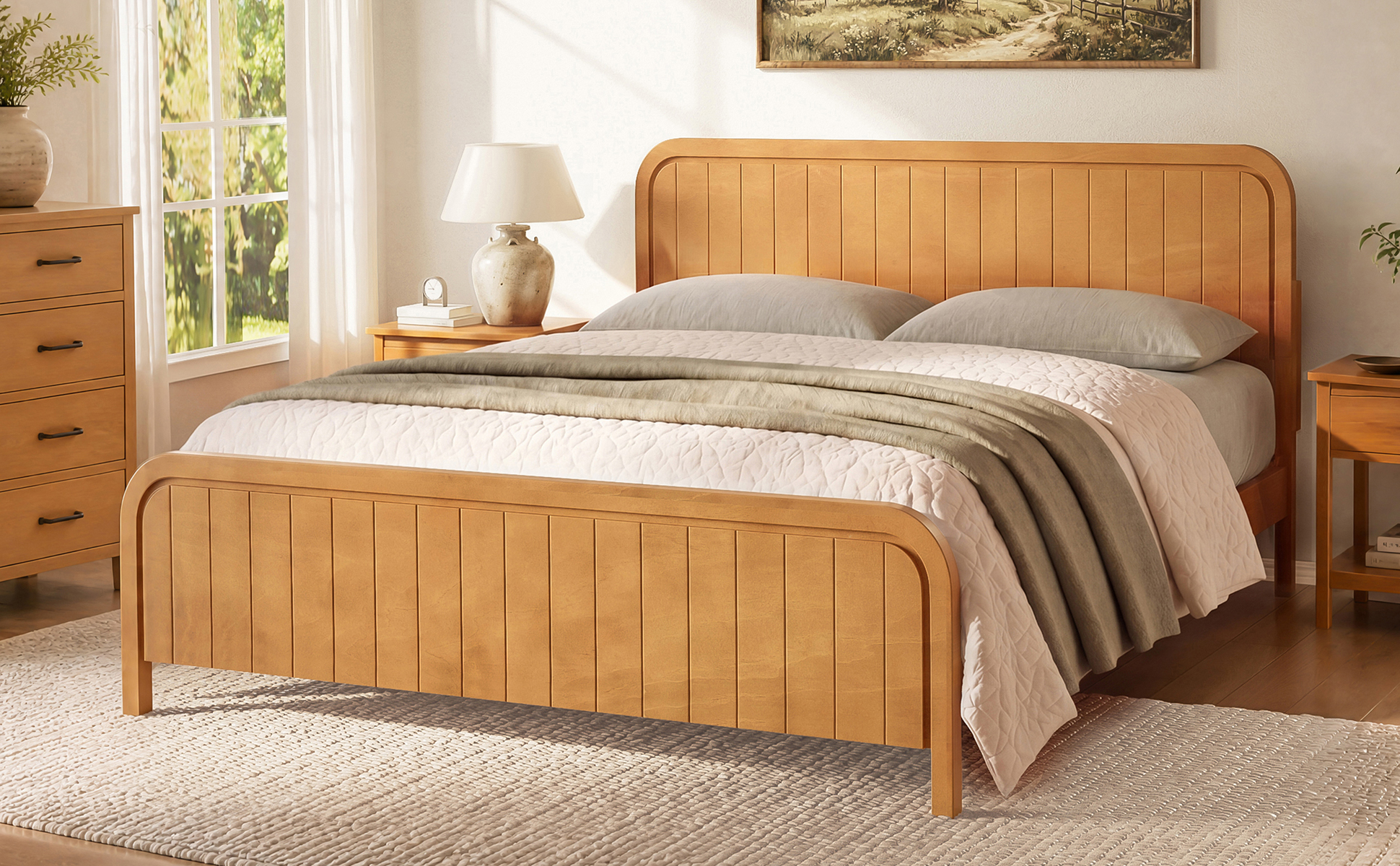 Wood King Bed Frame With Headboard, Noise-free Design, No Box Spring Needed