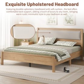 Queen Size Solid Rubber Wooden Bed With Upholstered Headboard