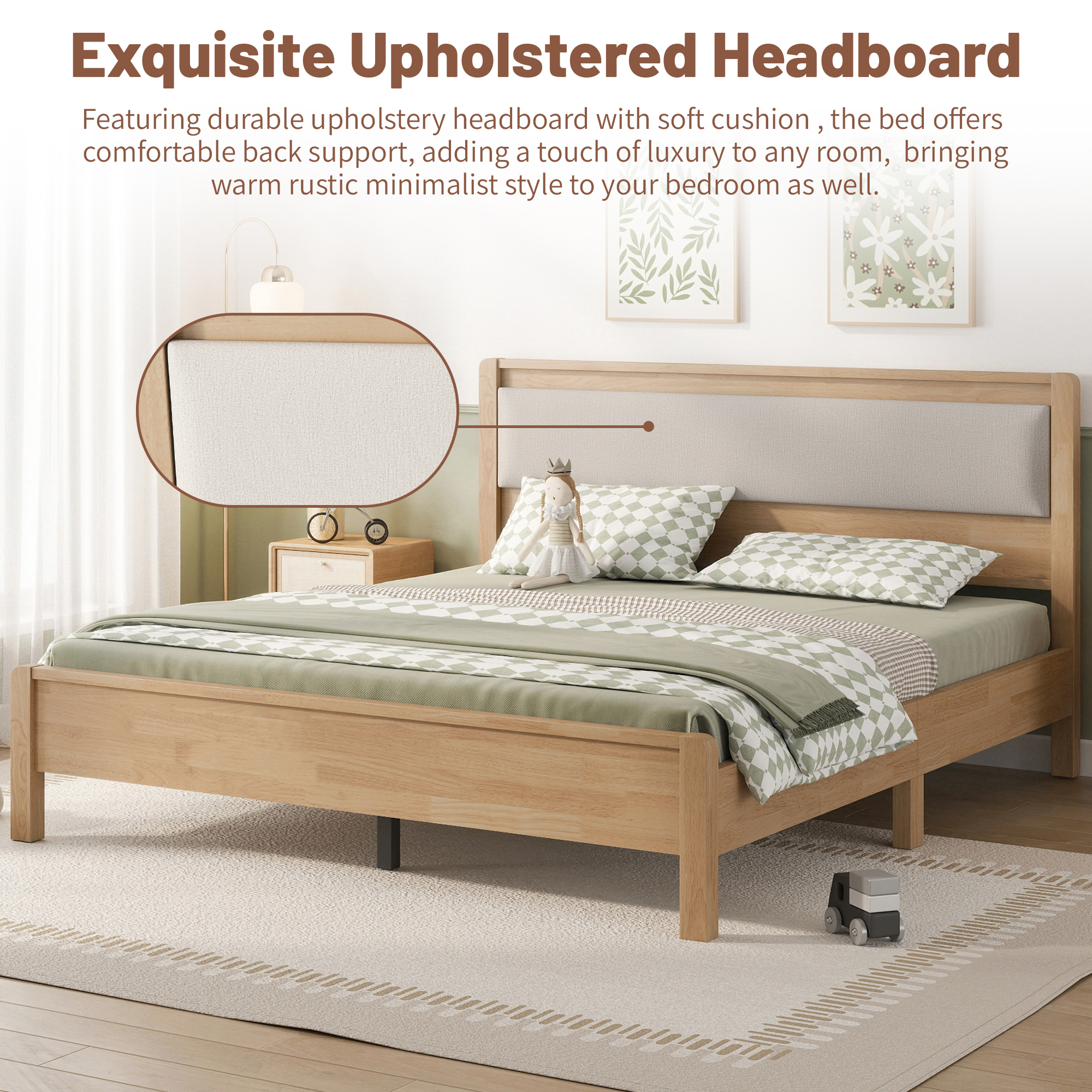 Queen Size Solid Rubber Wooden Bed With Upholstered Headboard