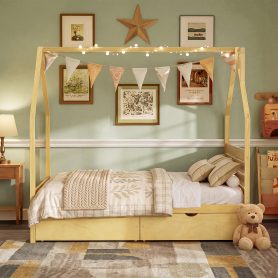 Wood House Shape Full Montessori Bed with 2 Storage Drawers