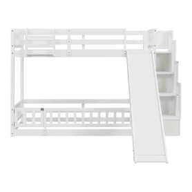 Twin Over Twin Bunk Bed With Slide, Storage Staircase, Bedside Storage Rack, LED Lights