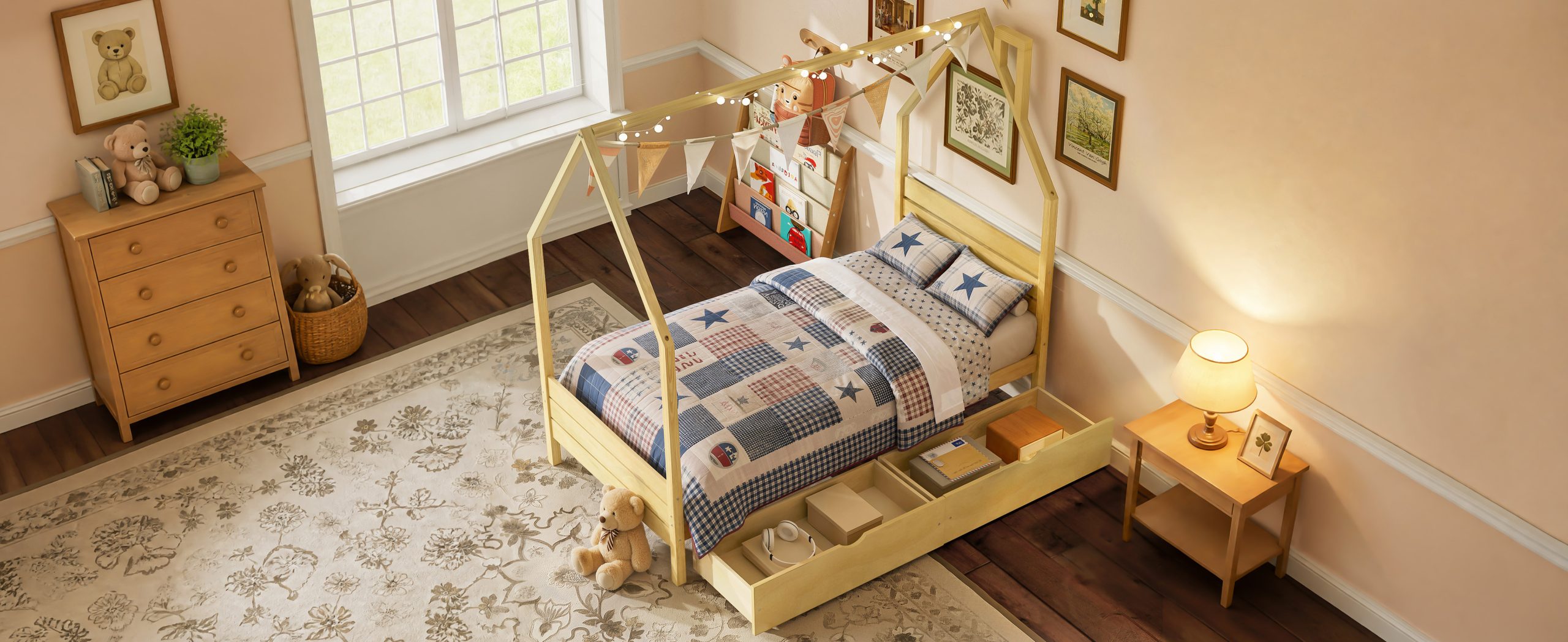 Wood House Shape Twin Montessori Bed with 2 Storage Drawers