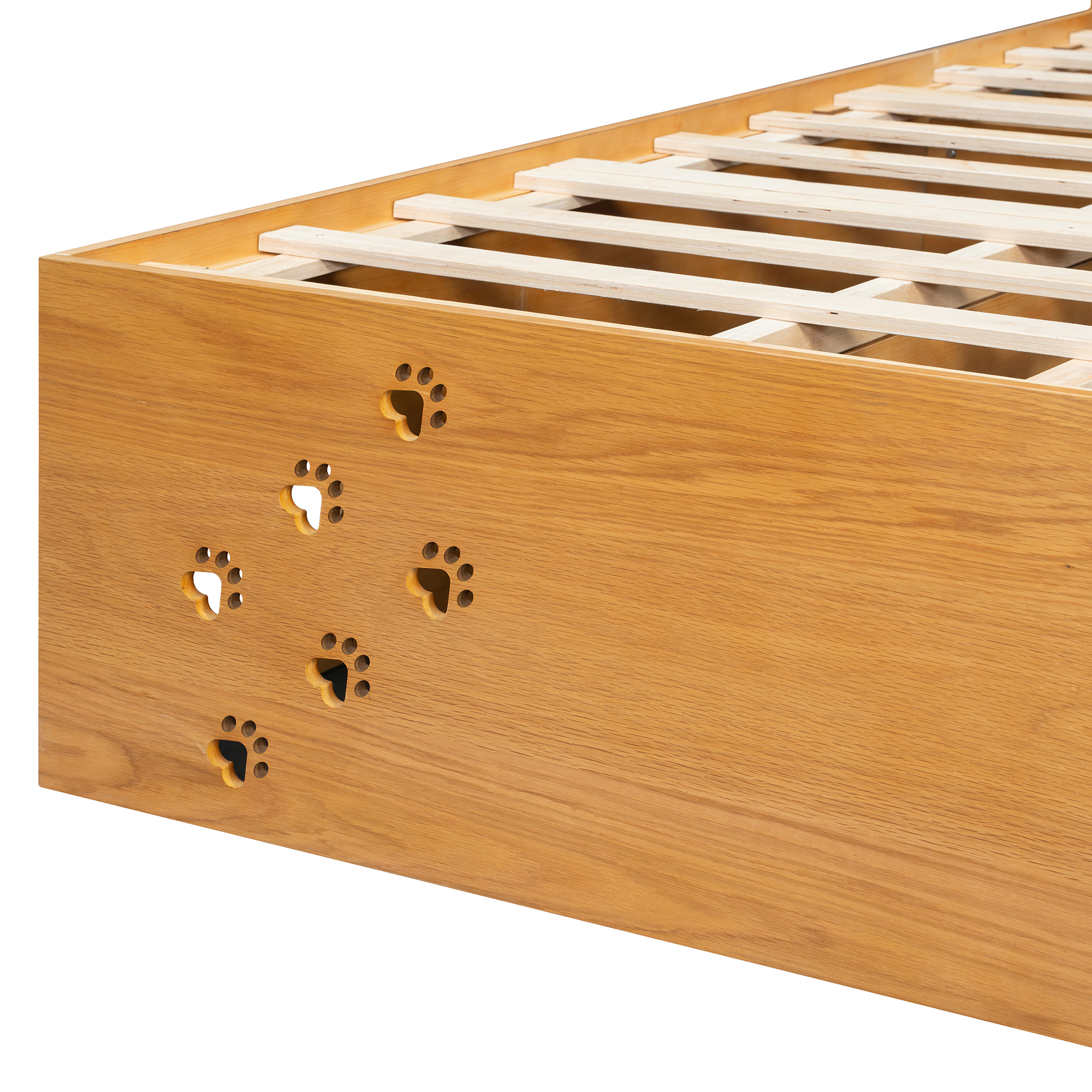 Queen Wood Platform Bed with Removable Headboard, Under-Bed Pet Maze & Private Space, Decorative Footboard, Detachable Slats