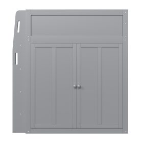 Full Size High Loft Bed with Built-in Desk, LED Lights, Storage Shelves & Double Door Wardrobe Closet